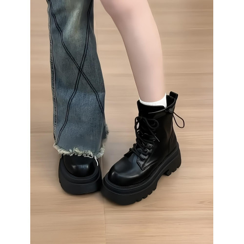 厚底馬丁靴女2025新款秋冬加絨靴子百搭短筒英倫風小個子增高短靴