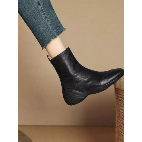 真皮復古加絨短靴2025秋冬新款英倫休閒運動軟底厚底馬丁靴側拉鍊