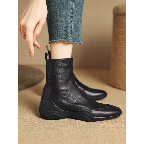 真皮復古加絨短靴2025秋冬新款英倫休閒運動軟底厚底馬丁靴側拉鍊