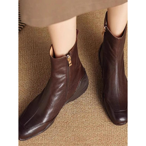 真皮復古加絨短靴2025秋冬新款英倫休閒運動軟底厚底馬丁靴側拉鍊