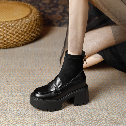 真皮厚底馬丁靴女內增高12cm小個子超火小短靴樂福鞋連襪靴瘦瘦靴