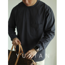 YUXIAN日系Sorona科技抗菌口袋長袖T恤寬鬆圓領百搭男士純色春秋