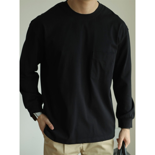 YUXIAN日系Sorona科技抗菌口袋長袖T恤寬鬆圓領百搭男士純色春秋