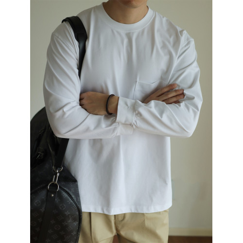 YUXIAN日系Sorona科技抗菌口袋長袖T恤寬鬆圓領百搭男士純色春秋