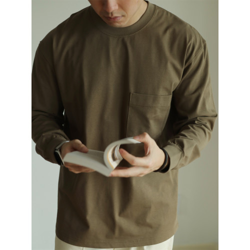 YUXIAN日系Sorona科技抗菌口袋長袖T恤寬鬆圓領百搭男士純色春秋