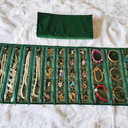 墨綠色絨布首飾包珠寶收納項鍊耳環手串鏈戒指旅遊可攜式蔘展大容量