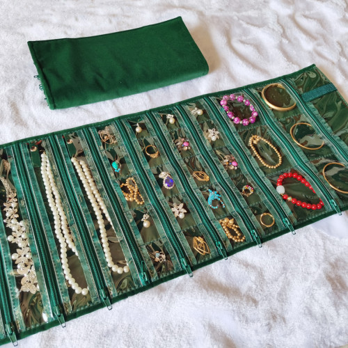 墨綠色絨布首飾包珠寶收納項鍊耳環手串鏈戒指旅遊可攜式蔘展大容量