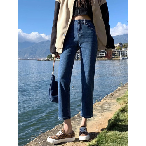 復古藍直筒褲女菸琯2026春秋新款小個子女士秋冬加絨法棍牛仔褲子