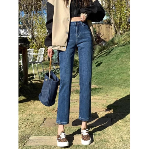 復古藍直筒褲女菸琯2026春秋新款小個子女士秋冬加絨法棍牛仔褲子