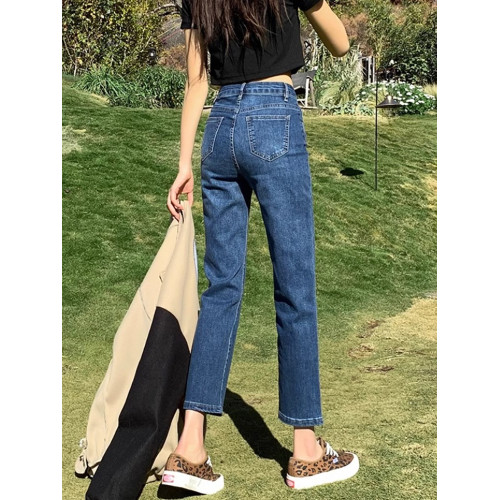 復古藍直筒褲女菸琯2026春秋新款小個子女士秋冬加絨法棍牛仔褲子