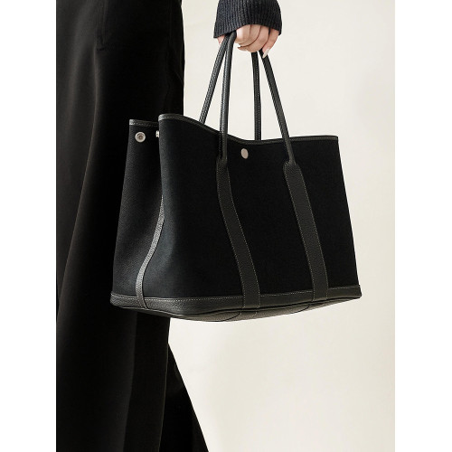 黑色真皮帆布大容量托特花園包包女2026新款高級感手提單肩斜後後背包 黑色真皮帆布大容量托特花園包包女2026新款高級感手提單肩斜後後背包