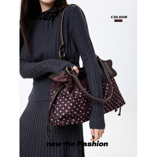 BEGOOER原創波點拼接托特包春季新款大容量通勤包復古絨面單肩包