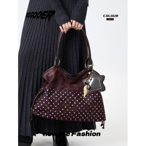 BEGOOER原創波點拼接托特包春季新款大容量通勤包復古絨面單肩包