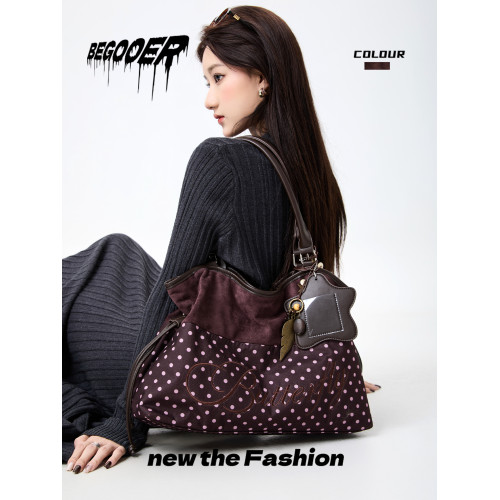 BEGOOER原創波點拼接托特包春季新款大容量通勤包復古絨面單肩包