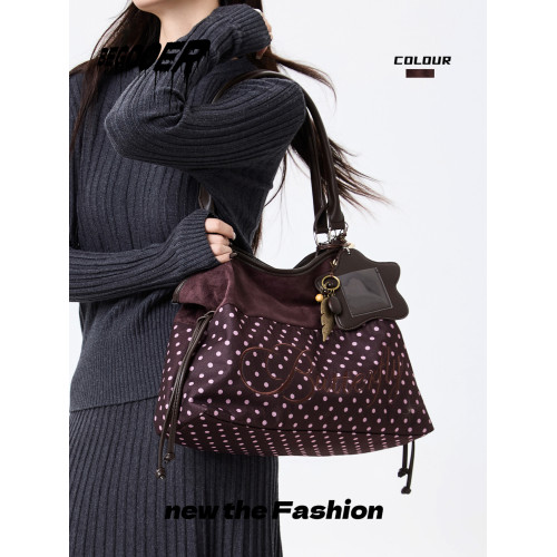 BEGOOER原創波點拼接托特包春季新款大容量通勤包復古絨面單肩包