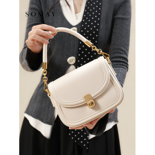 秋冬包包女式2026新款百搭單肩斜後後背包白色小衆設計手提馬鞍女包小