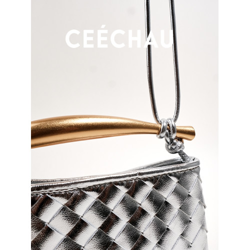 CEECHAU 小衆設計沙丁魚金屬手柄編織包真皮手提單肩包時髦百搭 CEECHAU 小衆設計沙丁魚金屬手柄編織包真皮手提單肩包時髦百搭