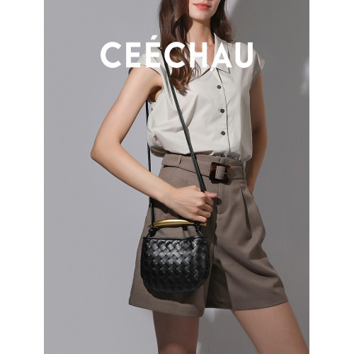 CEECHAU 小衆設計沙丁魚金屬手柄編織包真皮手提單肩包時髦百搭 CEECHAU 小衆設計沙丁魚金屬手柄編織包真皮手提單肩包時髦百搭