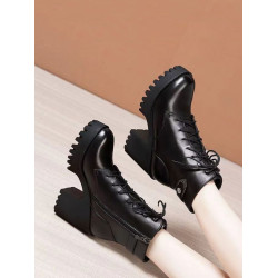 品牌高跟粗跟馬丁鞋女2026秋季新款軟皮厚底防水台增高顯瘦短靴女