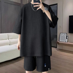 華夫格夏季胖子加肥加大碼男裝套裝肥佬短袖T恤休閒短褲兩件套潮