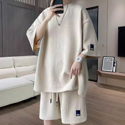 華夫格夏季胖子加肥加大碼男裝套裝肥佬短袖T恤休閒短褲兩件套潮