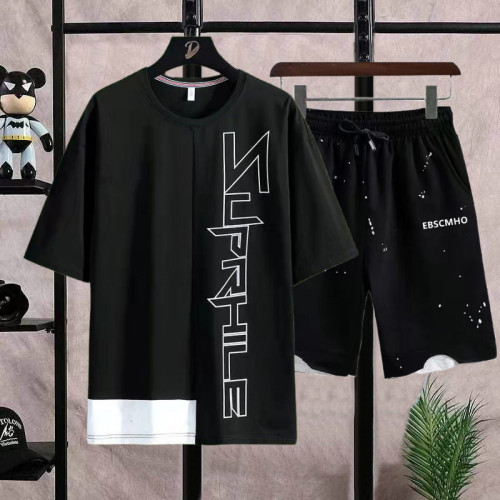 華夫格夏季胖子加肥加大碼男裝套裝肥佬短袖T恤休閒短褲兩件套潮