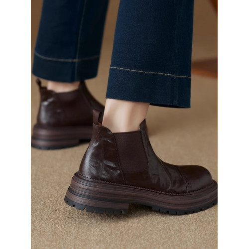 軟羊皮厚底英倫風切爾西靴2025秋冬新款圓頭真皮靴子短靴女馬丁靴