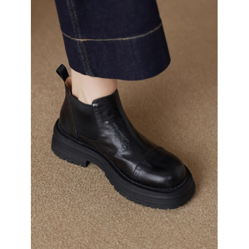 軟羊皮厚底英倫風切爾西靴2025秋冬新款圓頭真皮靴子短靴女馬丁靴