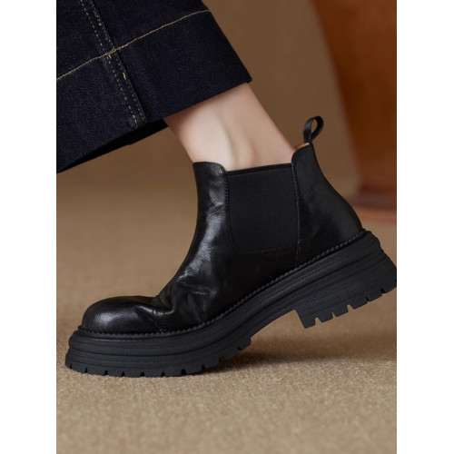 軟羊皮厚底英倫風切爾西靴2025秋冬新款圓頭真皮靴子短靴女馬丁靴