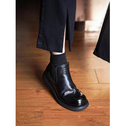 牛皮版~真皮英倫復古彈力切爾西靴女粗跟小短靴顯瘦套筒馬丁靴女