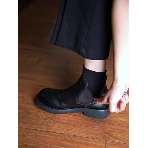 牛皮版~真皮英倫復古彈力切爾西靴女粗跟小短靴顯瘦套筒馬丁靴女 牛皮版~真皮英倫復古彈力切爾西靴女粗跟小短靴顯瘦套筒馬丁靴女