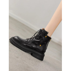 軟羊皮棕色厚底真皮短靴女2025初秋冬新款圓頭復古英倫風馬丁靴潮