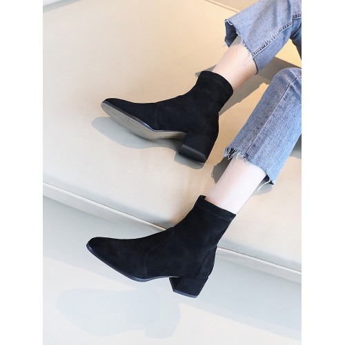 粗跟短靴女2025初秋冬新款黑色圓頭中跟踝靴磨砂加絨面彈力瘦瘦靴