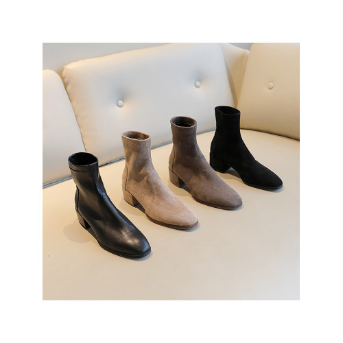 粗跟短靴女2025初秋冬新款黑色圓頭中跟踝靴磨砂加絨面彈力瘦瘦靴