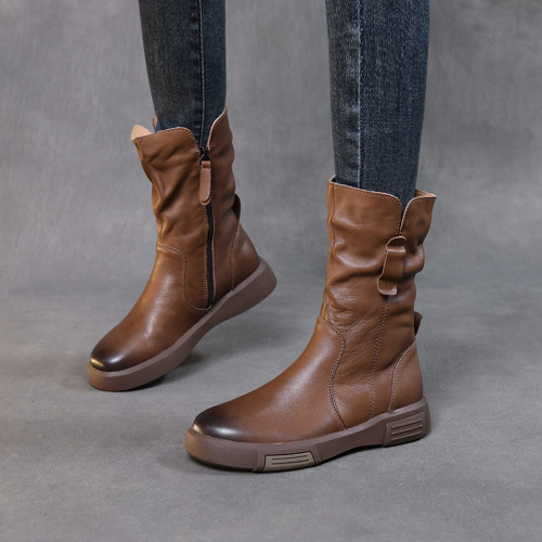 馬丁靴女2023新款秋冬平底中筒靴頭層牛皮百搭復古圓頭騎士靴