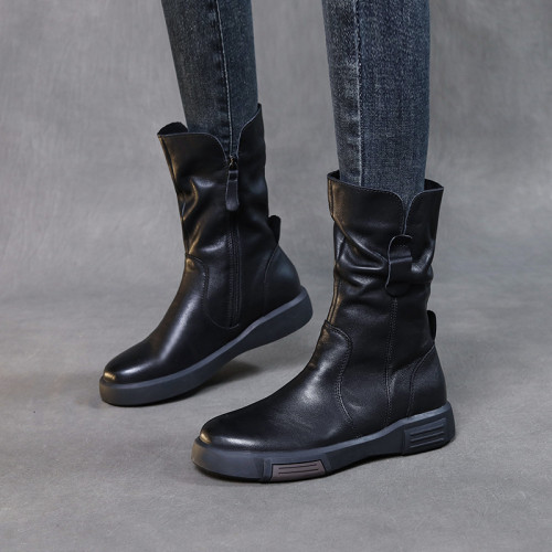 馬丁靴女2023新款秋冬平底中筒靴頭層牛皮百搭復古圓頭騎士靴