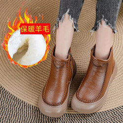 頭層牛皮女鞋冬季新款加絨保暖棉鞋防滑媽媽休閒高幫鞋2222