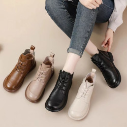 頭層牛皮短靴秋季新款馬丁靴粗跟防滑真皮復古百搭女靴手工媽媽鞋