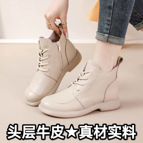 頭層牛皮短靴秋季新款馬丁靴粗跟防滑真皮復古百搭女靴手工媽媽鞋