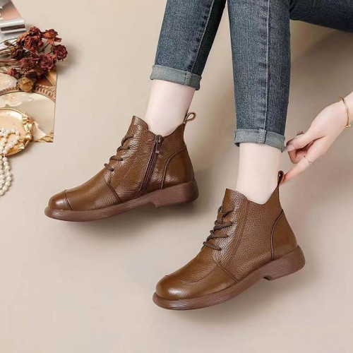 頭層牛皮短靴秋季新款馬丁靴粗跟防滑真皮復古百搭女靴手工媽媽鞋