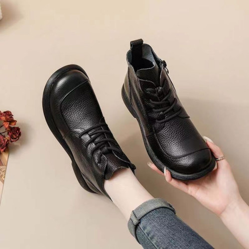 頭層牛皮短靴秋季新款馬丁靴粗跟防滑真皮復古百搭女靴手工媽媽鞋