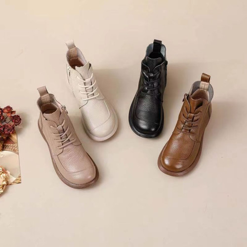 頭層牛皮短靴秋季新款馬丁靴粗跟防滑真皮復古百搭女靴手工媽媽鞋