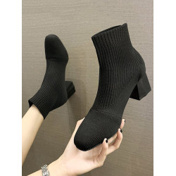 白色飛織瘦瘦靴女2026新款高跟短靴時尚粗跟馬丁靴針織彈力襪靴子