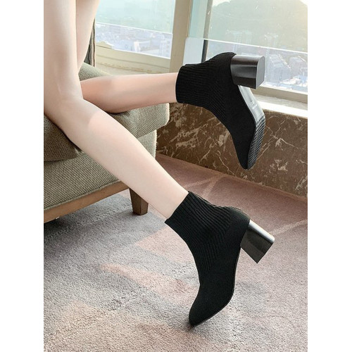 白色飛織瘦瘦靴女2026新款高跟短靴時尚粗跟馬丁靴針織彈力襪靴子