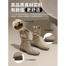 品牌特價真皮堆堆靴女2025年秋冬新款百搭西部牛仔短靴加絨中筒靴