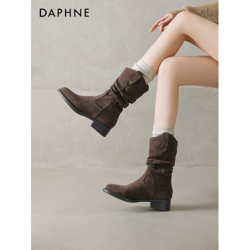 品牌特價真皮堆堆靴女2025年秋冬新款百搭西部牛仔短靴加絨中筒靴