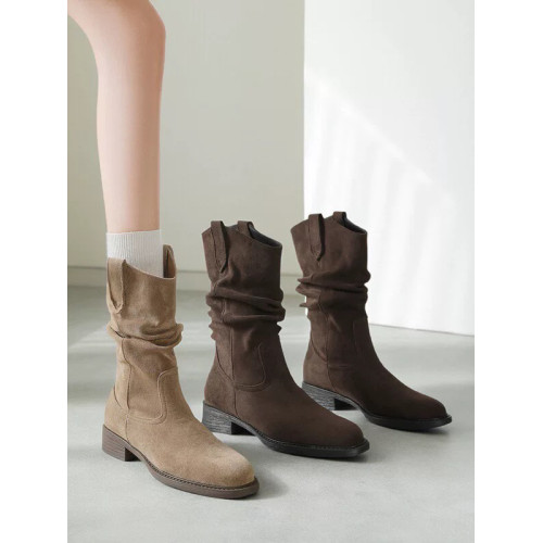 品牌特價真皮堆堆靴女2025年秋冬新款百搭西部牛仔短靴加絨中筒靴