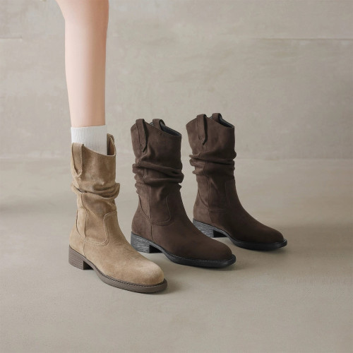 品牌特價真皮堆堆靴女2025年秋冬新款百搭西部牛仔短靴加絨中筒靴