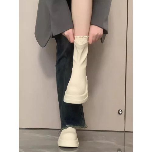 白色短靴女款春秋季厚底彈力馬丁靴粗跟圓頭切爾西靴後拉鍊瘦瘦靴