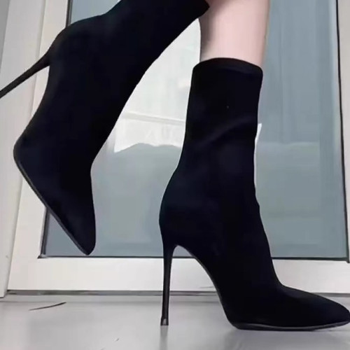 2025秋冬氣質短靴女高跟彈力法式黑色尖頭細跟瘦瘦靴絨面細跟靴子
